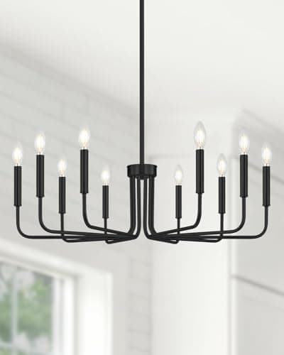Yunnix 10 Light Black Chandelier, 33" Extra Large Modern Farmhouse Chandelier - Matte Black Hanging Light Fixture Industrial Dining Room Light for Kitchen Island, Living Room, Hall, Foyer - Image 1