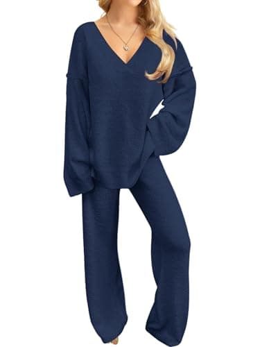 NORACORA Womens 2 Piece Fuzzy Fleece Pajamas Lounge Sets Long Sleeve V Neck Fluffy Pjs Matching Loungewear Purplish Blue - Image 1