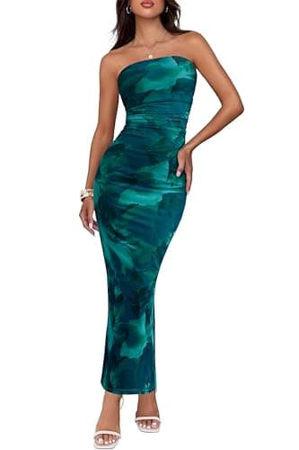 BTFBM Women Summer Strapless Maxi Dress 2026 Bodycon Floral Long Wedding Guest Dress Formal Tube Mesh Cocktail Dresses(Floral Lake Blue, X-Large) - Image 1