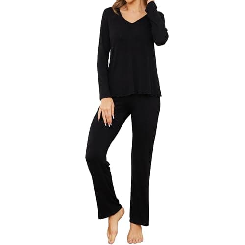 Navisting Women's Soft Knit Pajamas Set V-Neck Top and Pants Long Sleeve Two Piece Loungewear Elegant Wavy Hem Sleepwear with Color Options Black S - Image 1