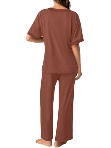 GKBK Womens Two Piece Outfits Pajama Sets 3/4 Dolman Sleeve V Neck Sleepwear Nightwear Loungewear Matching Pjs 2 Piece Lounge Set Lightweight Sweatsuit Fall Fashion Ooutfit Brown L - Thumbnail 3