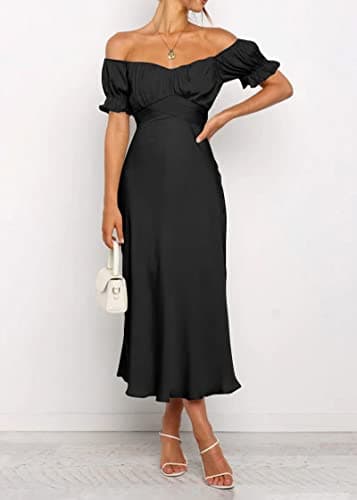 KIRUNDO Women's 2026 Spring Summer Satin Wedding Guest Midi Dress Off The Shoulder Wrap Party Cocktail Formal Prom Dresses(Black, Large) - Thumbnail 3