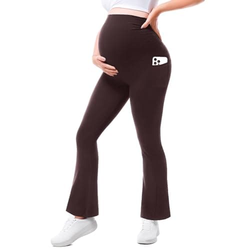 Walifrey Maternity Flared Leggings with Pocket Over The Belly Buttery Soft Pregnancy Yoga Pants Dark Brown XL - Image 1