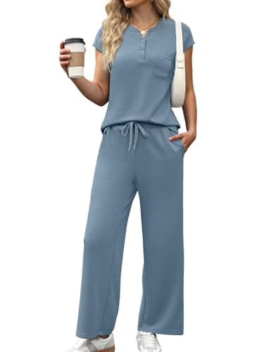Casly Lamiit Womens Sets 2 Piece Outfits Matching Lounge Vacation Travel Set Spring Casual Cap Sleeve Tops Leisure Drawstring Crop Pants Blue Grey M - Thumbnail 2