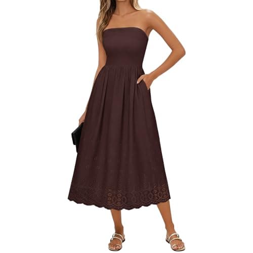 Lazysmile Summer Boho Maxi Dress for Women Strapless Tube Top Lace Trim A Line Beach Casual Long Dress Brown - Image 1