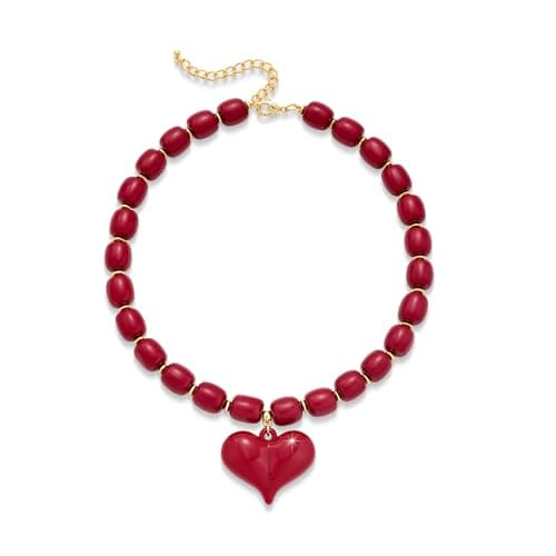 FILMOON Amber Toned-Acrylic Red Puffy Heart Pendant Necklace Chunky Beaded Statement Choker Necklace Jewelry Gift - Image 1