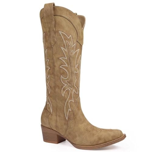 Quorvash Cowboy Boots for Women, Knee High Wide Calf Cowgirl Boots with Side Zipper, Snip Toe Western Boots, Brown Size 9.5 - Image 1