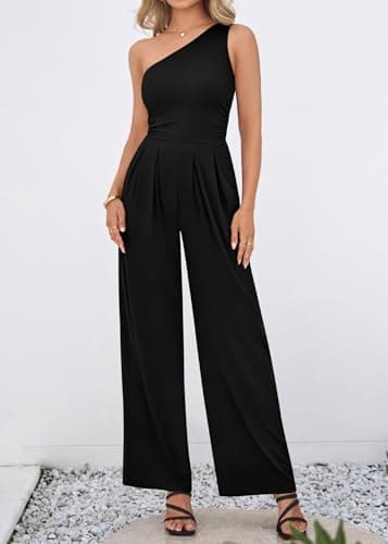 KIRUNDO One Piece Jumpsuits For Women Dressy 2026 Sleeveless One Shoulder Ribbed Wide Leg Rompers With Pockets Summer Outfits(Black, X-Large) - Thumbnail 3