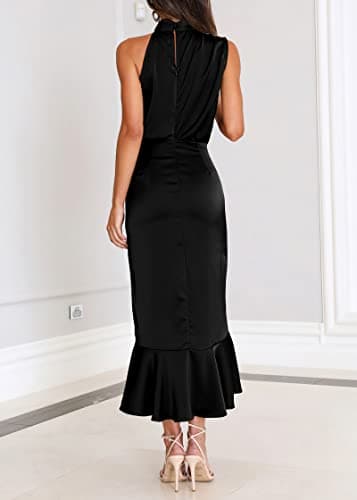 KIRUNDO Women 2026 Spring Summer Satin Mock Neck Wedding Guest Party Cocktail Midi Dress Sleeveless Wrap Ruffle Formal Dress(Black, Large) - Thumbnail 5
