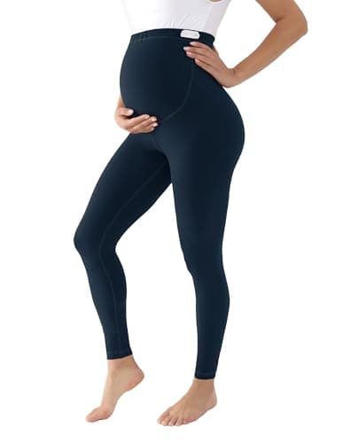 BRATUC Maternity Leggings Over The Belly Pregnancy Leggings Active Wear Workout Yoga Tights Pants (Large Navy Blue) - Image 1