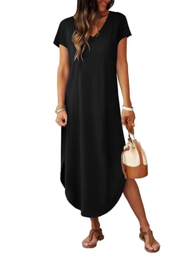 RUMIA Summer Casual Maxi Dresses for Women- Women's V Neck Cap Sleeve Long Sundress with Pockets Beach Vacation Black - Thumbnail 2
