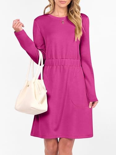 ANRABESS Womens Long Sleeve Dress 2025 Fall Casual Elastic Waist Short Mini T Shirt Dresses with Pockets Travel Outfits Hot Pink Small - Thumbnail 2