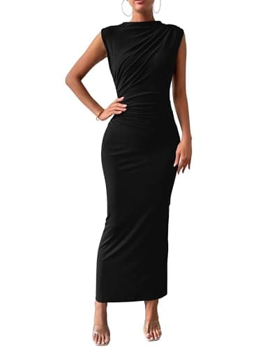 BTFBM Women's Ruched Bodycon Dress Summer Casual Sleeveless Lightweight Back Slit Elegant Club Party Cocktail Maxi Dresses(Black, Small) - Image 1