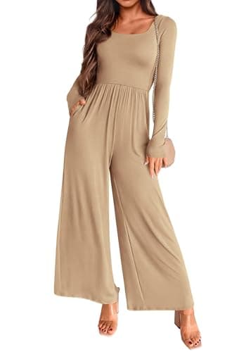 KIRUNDO Long Sleeve Jumpsuit for Women 2026 Spring Outfits Summer One Piece Square Neck Wide Leg Pants Romper With Pockets(Khaki, Medium) - Image 1