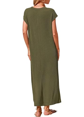 KIRUNDO Womens Summer Dresses 2026 Spring Ribbed Knit Henley Short Sleeve Maxi Dress Button Up Loose Beach Vacation Sundress(Army Green, Small) - Thumbnail 2