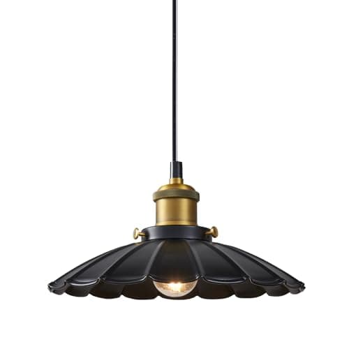 Oyisen Black Pendant Light, 9.8 Inch Retro Hanging Lamp for Bedroom, Glossy Hanging Kitchen Lights Living Room 6.5Ft Height Adjustable Indoor Pleated Pendant Light