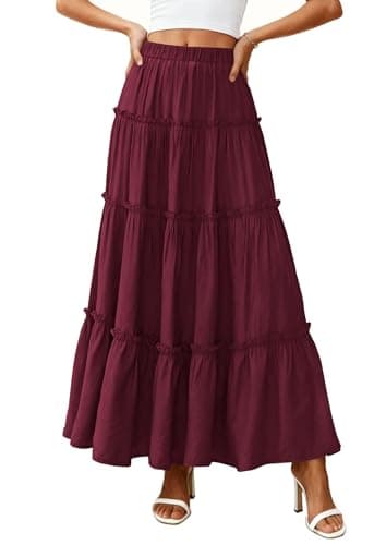 PRETTYGARDEN Boho Maxi Skirts for Women Trendy Summer 2026 Spring Long Flowy A Line Tiered Skirt Beach Vacation Clothes Dress (Burgundy,Large) - Thumbnail 4