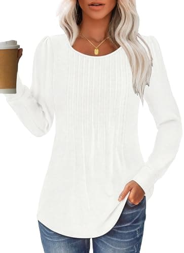 GKBK Women Long Sleeve Shirts Fall Tops Dressy Pleated Scooped Neck Tunic Tops for Leggings White M - Image 1