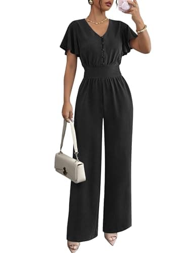 LOOKBOHO Dressy Jumpsuits for Women Ruffle Short Sleeve Button V Neck 2026 Wide Leg Pants Romper One Piece Outfits - Image 1