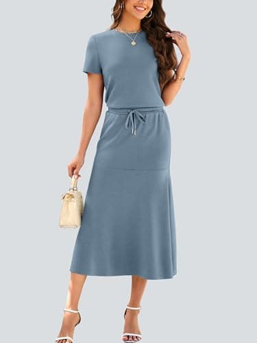 Casly Lamiit 2 Piece Outfits for Women Spring Lounge Short Sleeve Midi Skirt Sets Pockets Airport Beach Vacation Clothes Blue Grey S - Thumbnail 2