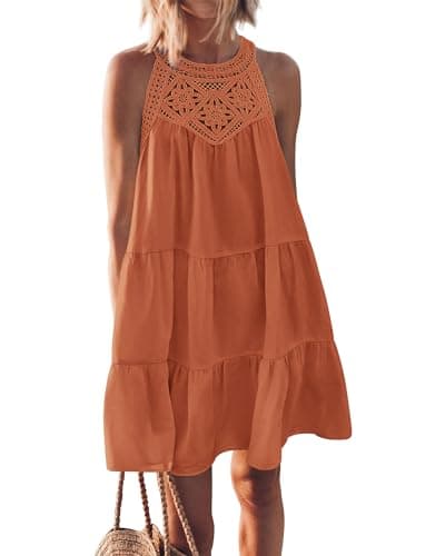 BTFBM Women Summer Dresses 2026 Casual Spring Clothes Sleeveless Halter Neck A-Line Boho Mini Dress Beach Vacation Sundress(Brown Orange, Small) - Image 1