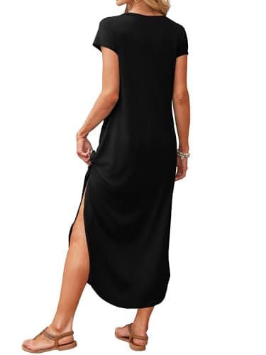 RUMIA Summer Casual Maxi Dresses for Women- Women's V Neck Cap Sleeve Long Sundress with Pockets Beach Vacation Black - Thumbnail 4
