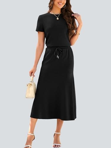 Casly Lamiit Womens 2 Piece Sets Casual Short Sleeve Travel Outfits Matching Midi Skirt Set with Pockets School Teacher Outfits M - Thumbnail 2