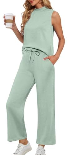 Lepunuo Women's Summer Two Piece Sets Mock Neck Sleeveless Tops Casual Wide Leg Pants Lounge Sets Vacation Travel Outfits - Image 1