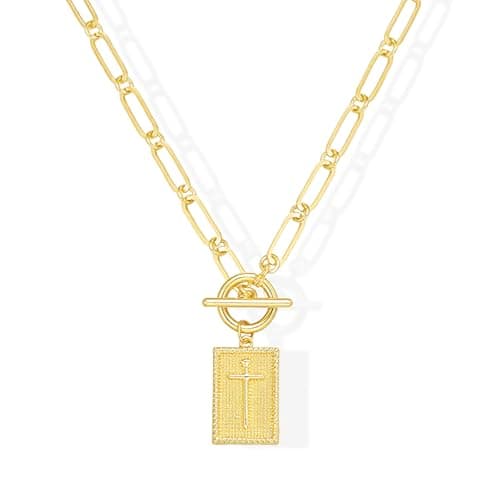 Emibele Cross Necklace for Women, No Tarnish 14K Gold Plated Necklace with Cross Pendant Paperclip Chain Toggle Clasp, Religious Christian Faith Jewelry, Necklace Gifts for Women Birthday, Christmas - Image 1