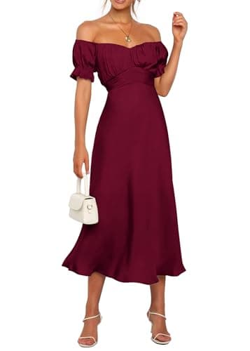 KIRUNDO Women's 2026 Spring Summer Satin Wedding Guest Midi Dress Off The Shoulder Wrap Party Cocktail Formal Prom Dresses(Dark Wine Red, Medium) - Image 1