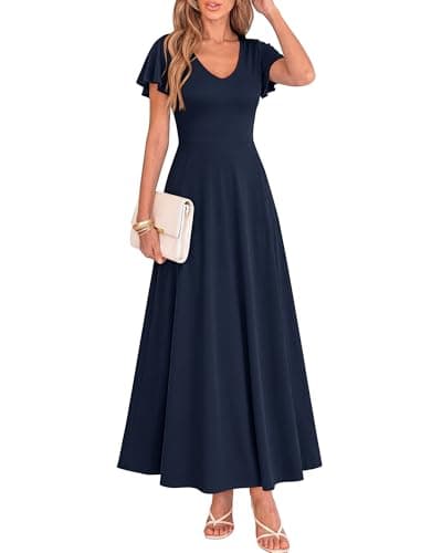 BTFBM Formal Dresses for Women Summer Outfits V Neck Ruffle Sleeve A Line Maxi Elegant Cocktail Wedding Guest Dress 2026(Navy, Large) - Image 1