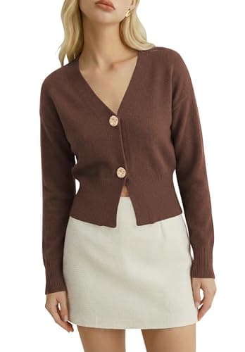 Women V Neck Spring Cardigan Cropped Lightweight Button Up Sweaters Fitted Long Sleeve Knit Cardigans Brown L - Image 1