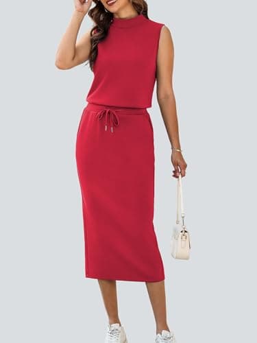 Casly Lamiit Two Piece Outfits for Women Summer Midi Skirt Set Casual Mock Neck Sleeveless Matching Sets Women Clothing Red L - Thumbnail 5