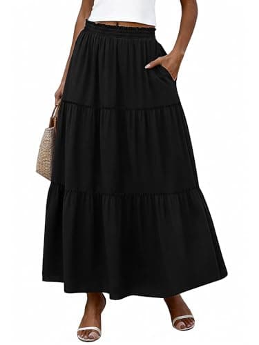 Bellcoco Long Skirts for Women Maxi Spring Summer Swing Tiered A-Line Elastic High Waist Boho Flowy Skirts with Pockets Black X-Large - Image 1