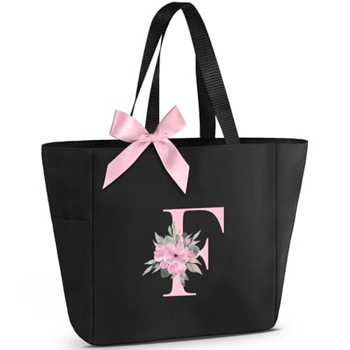 Vavabox Tote Bag, A-Z Initial Monogrammed Waterproof Tote Bag, Bridesmaid Gifts for Women, Black and Pink (F, Black) - Image 1