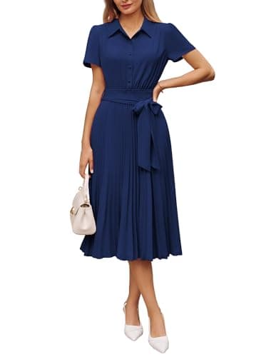 GRACE KARIN Women 2026 Summer Business Shirt Dress,Short Sleeve Collared Neck Button Midi Dresses,Pleated Casual Dresses Navy Blue L - Image 1