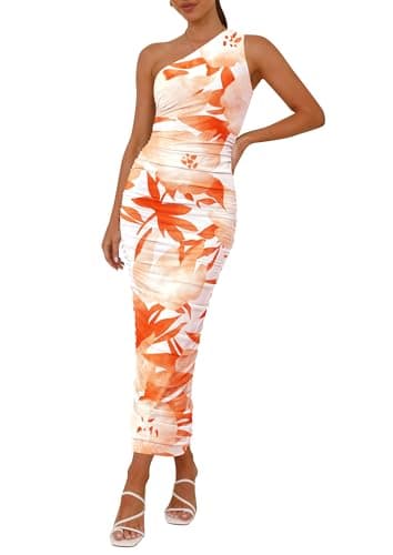 PRETTYGARDEN Women's One Shoulder Bodycon Dresses Summer 2026 Ruched Floral Beach Cocktail Wedding Guest Dress(Light Orange,XX-Large) - Image 1