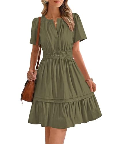 BTFBM Summer Dresses for Women 2026 Casual Boho Sundress Short Sleeve V Neck Ruffle A Line Beach Vacation Mini Dress(Army Green, XX-Large) - Image 1