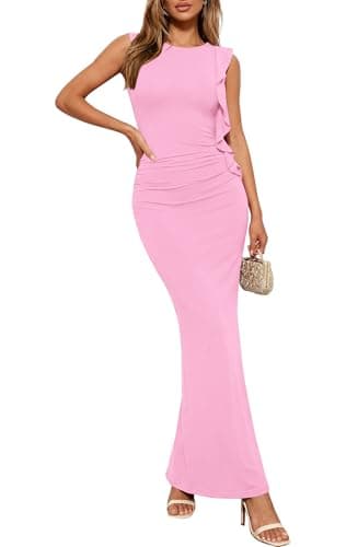 PRETTYGARDEN Women's Summer Maxi Dresses 2026 Sleeveless Ruffle Formal Wedding Guest Cocktail Party Bodycon Split Long Prom Dress(Pink,XXL) - Image 1