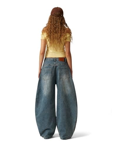 Aelfric Eden Dachshund Embroidery Baggy Barrel Jeans Wide Leg Y2K Denim Pants Straight Loose Jeans Streetwear Unisex Blue 28 - Thumbnail 5