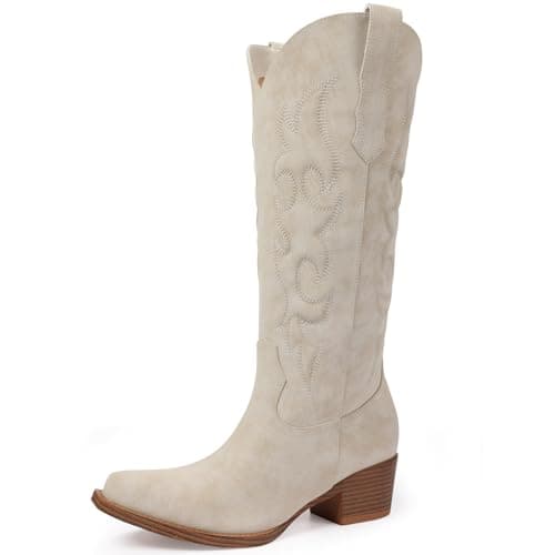 Quorvash Cowboy Boots for Women - Knee High Wide Calf Cowgirl Boots with Chunky Heel Snip Toe Side Zipper Embossed Design for Festival Prom Party Casual Outfits Cream Size 8.5 - Image 1