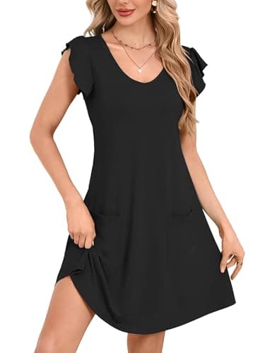 DEARCASE Womens Summer T-Shirt Dresses V Neck Elegant Classy Ruffle Sleeve A-line Tunic Dress 2026 with Pockets Black XX-Large - Image 1