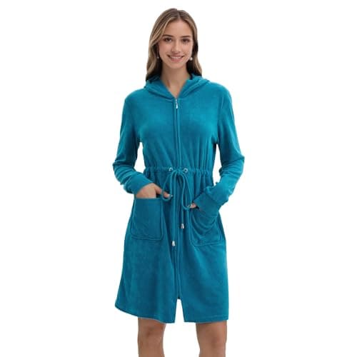 Navisting Women Terry Cloth Zipper Robe Zip Up Bathrobes with Pockets Hooded Cotton Housecoat Nightgown Loungewear Sleepwear Teal Blue XL - Image 1