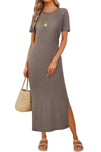 Arach&Cloz Womens Summer T Shirt Dress 2026 Spring Casual Short Sleeve Slit Fashion Knit Long Sweater Maxi Dresses Trendy Old Money Travel Vacation Outfits Luxury House Work Clothing Coffee Brown L - Image 1