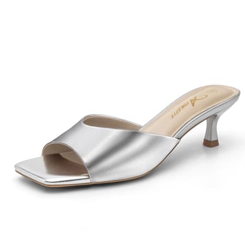 Athlefit Silver Kitten Heels for Women Square Open Toe Heeled Sandals Slip On Dressy Short Low Heels for Prom Size 5.5 - Image 1