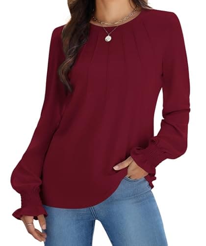 Funlingo Blouses for Women Dressy Casual Puff Sleeve Cute Tops Crew Neck Pleated Western Oversized Tshirts Shirts Elegant Clothes Wine Red S - Image 1