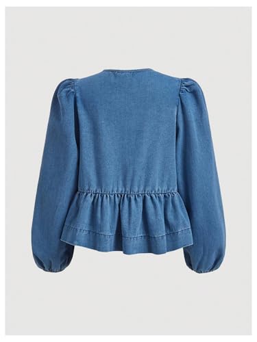 MakeMeChic Women's Denim Blouse Jean Tops Casual Bow Tie Front Lantern Sleeve Top Crew Neck Ruffle Hem Shirt Light Wash Small - Thumbnail 2