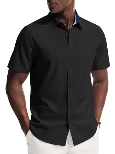 PJ PAUL JONES Mens Short Sleeve Button Down Shirts Wrinkle Free Untrucked Dress Shirts for Men Stretch Collared Shirt Solid Regular Fit Black - Image 1