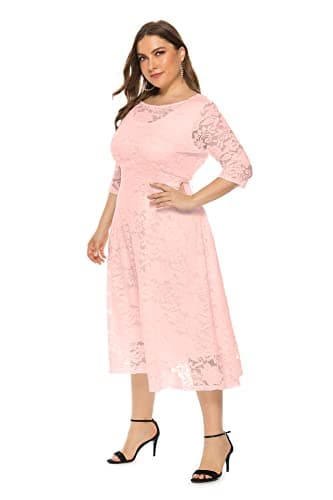 Eternatastic Womens Scooped Neckline Floral lace Top Plus Size Cocktail Party Midi Dress 6XL Pink - Thumbnail 6