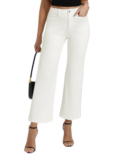 Belle Poque Women Straight Leg Jeans White Mid Rise Stretchy Wide Leg Denim Pants with Pockets Front (White, 14) - Image 1